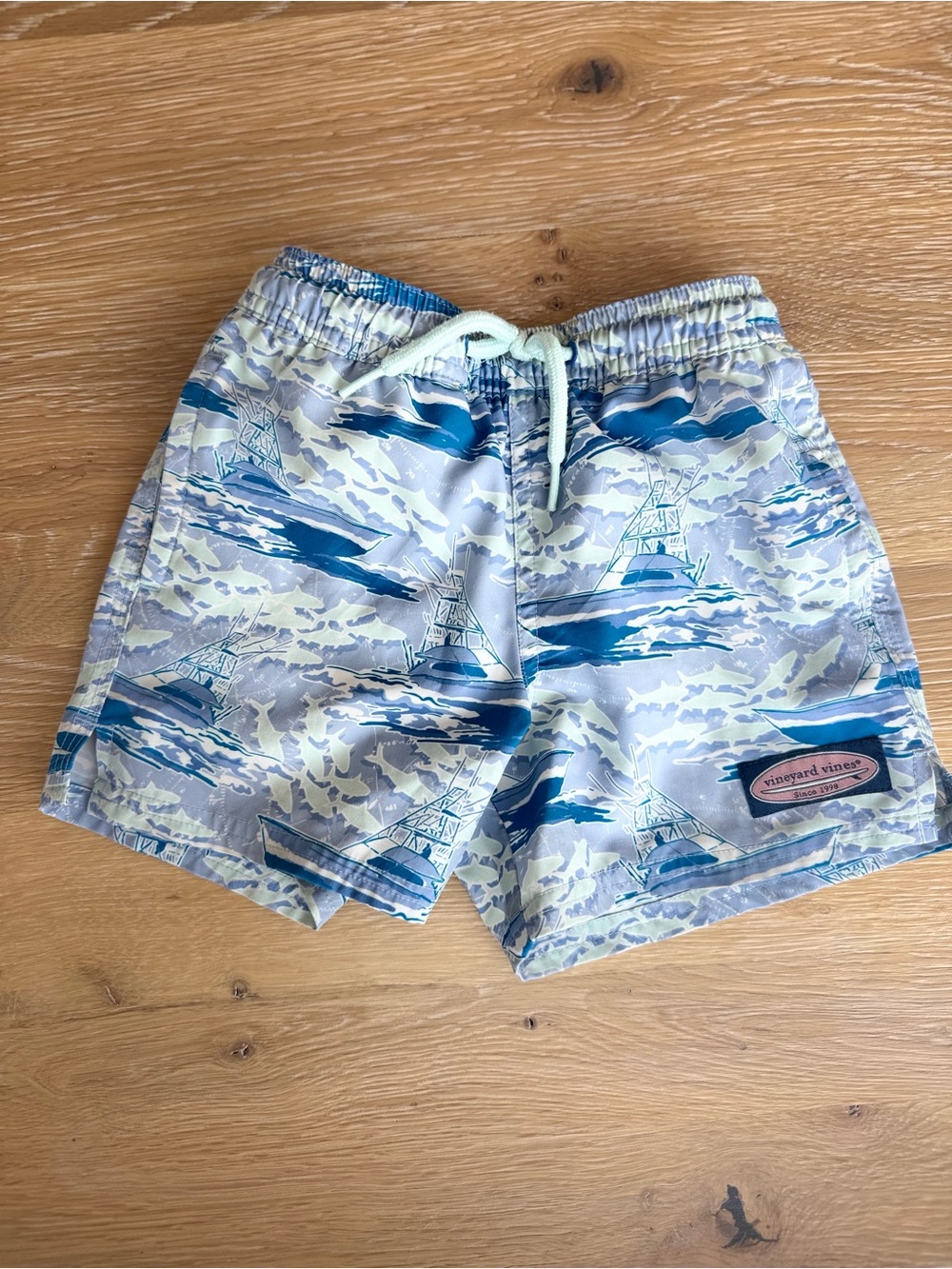 Vineyard Vines Blue and Cream Sailboat Print Swim Shorts